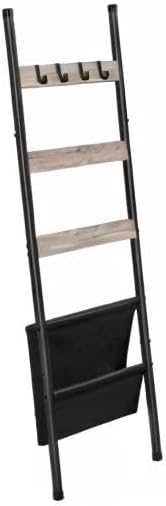 HOOBRO Blanket Ladder, 5 Tier Towel Rack, 17.3" L x 63" H, Wall-Leaning Blanket Rack for Living Room, Decorative Ladder with 4 Hooks and Magazine Pocket, Greige BG32CJ01