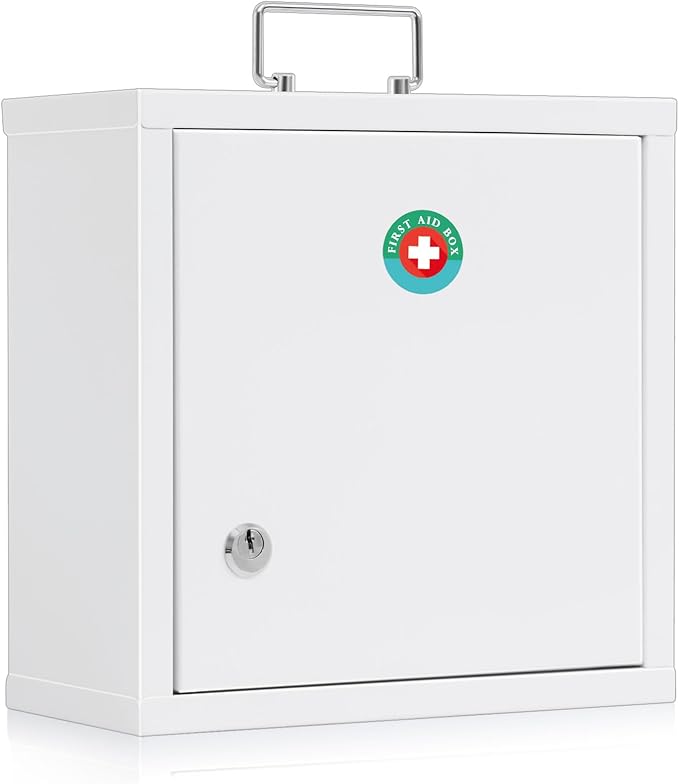 KYODOLED Locking Medicine Cabinet, Medication Lock Box with Key, Wall Mount Medical Cabinet for Safe Medication Storage, 10 * 4.7 * 10 Inch, White