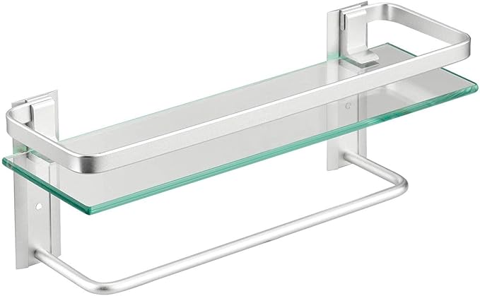VOLPONE Glass Shelf with Towel Bar 15.7in Silver Bathroom Shelf Wall Mount Rustproof Bathroom Wall Organizer 1 Tier (Silver)