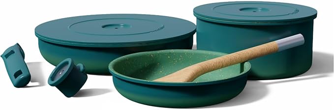 BytheTable Ombré Titanium Ceramic Cookware Set Non Toxic – 8 Pcs Non Stick Pots and Pans Set with Removable Handles, Magnetic Lid & Wooden Spatula for Cooking – Oven & Dishwasher Safe (Catalina Blue)