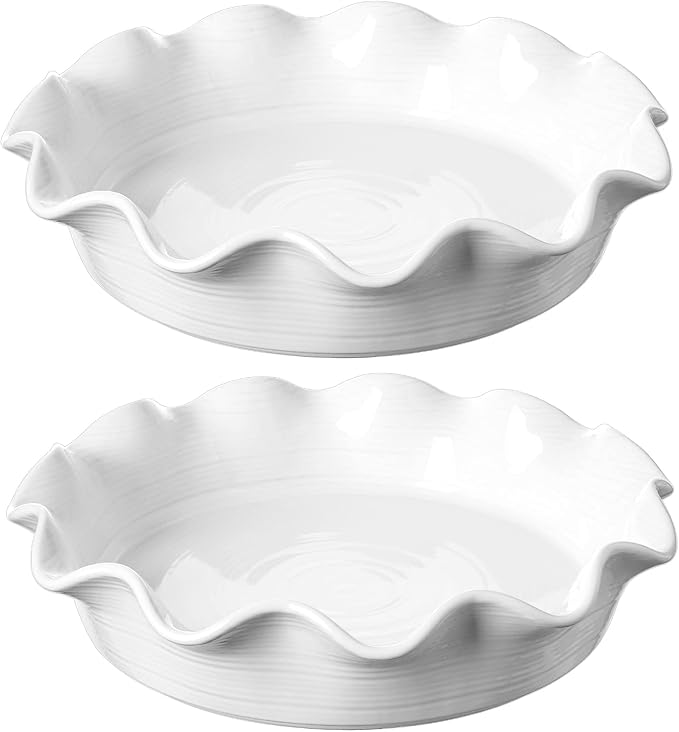 LE TAUCI Ceramic Pie Pans for Baking, 11 Inches Deep Dish Pie Plate for Apple Pie, 48 Ounce Baking Dish with Ruffled Edge, Set of 2, Red