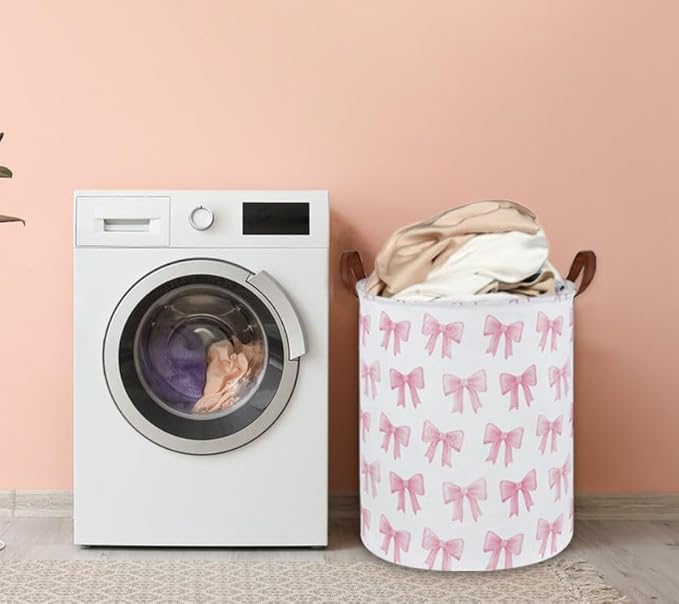 Kids Laundry Hamper,Pink Laundry Basket Collapsible Girls Storage Baskets for Home Decor,Office,Toy Organizer,(Pink Bowknot)