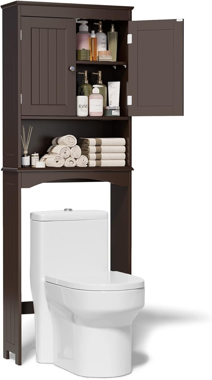 Gizoon Over The Toilet Storage Cabinet with Adjustable Shelf and Double Doors, Bathroom Space Saver Organizer Above Toilet with Open Shelf, Taller Wooden Free Standing Toilet Rack -Espresso