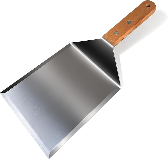 vriysei Smash Burger Spatula, Premium Large Meta Spatula - 6x5 inch Extra Wide Spatulas for Griddles & Grills, Steel Heavy Duty, Wooden Handle (1pcs)