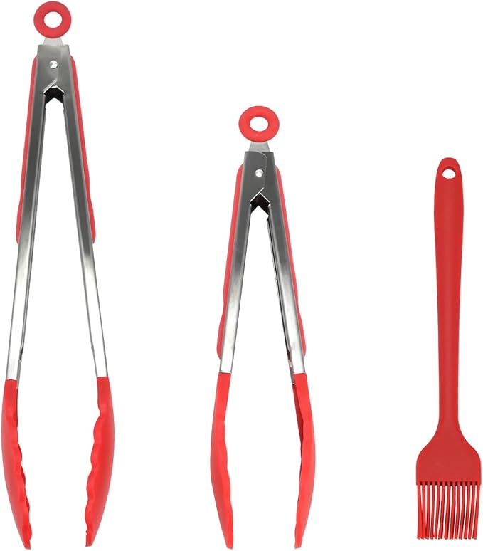 Kitchen Tongs, 2pcs Barbecue Tongs 10 inch & 12 inch with Silicone Tips, 1pc Brush Stainless Steel Cooking Tongs with Heat Resistant Handle for BBQ Serving, Grilling, Buffet, Dishwasher Safe (Black)