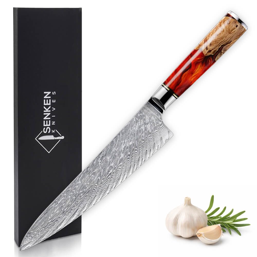 SENKEN Damascus Steel Chef's Knife - Tsunami Collection - 67-Layer Japanese VG10 Steel Core - Unique Blue Resin & Natural Wood Handle, Razor Sharp, Beautiful Damascus Wave Pattern (8" Chef's Knife)