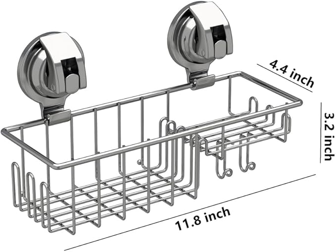 Suction Cup Shower Shelf, Shower Caddy Soap Dish with Hooks for Sponge, Rust Proof 304 Stainless Steel, Silver