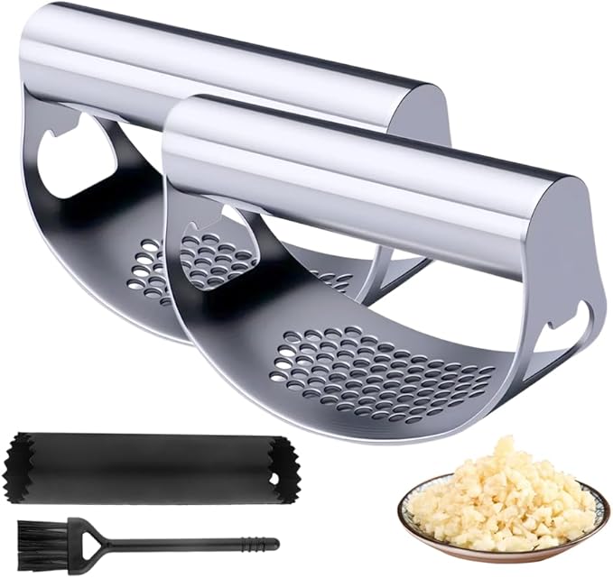 Stainless Steel Garlic Presser, Upgrade Rocker Crusher Masher with Garlic Peeling, 2026 New Portable Manual Stainless Steel Garlic Press for Home Kitchen Utensils (1)