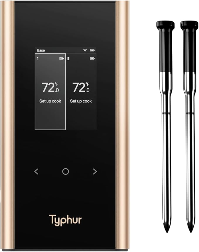Sync Gold Wireless WiFi Meat Thermometer, 4 Slim Probes, 6 Sensors, 10x Stronger Signal, ±0.5℉ Accuracy, Smart Base Direct Setup, Reliable Reading Through Kamado Grill, BBQ, Oven, Smoker, Air Fryer
