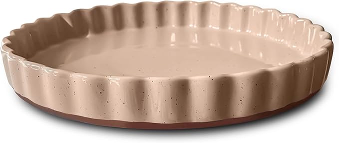 Mora Ceramic Tart Pan, 9.5 Inch Large Porcelain Baking Dish for Tarts, Quiche, Pie, Flan etc. Fluted Ruffled Edge, Oven, Microwave, Freezer, and Dishwasher safe - Great Gift For Bakers - Vanilla White