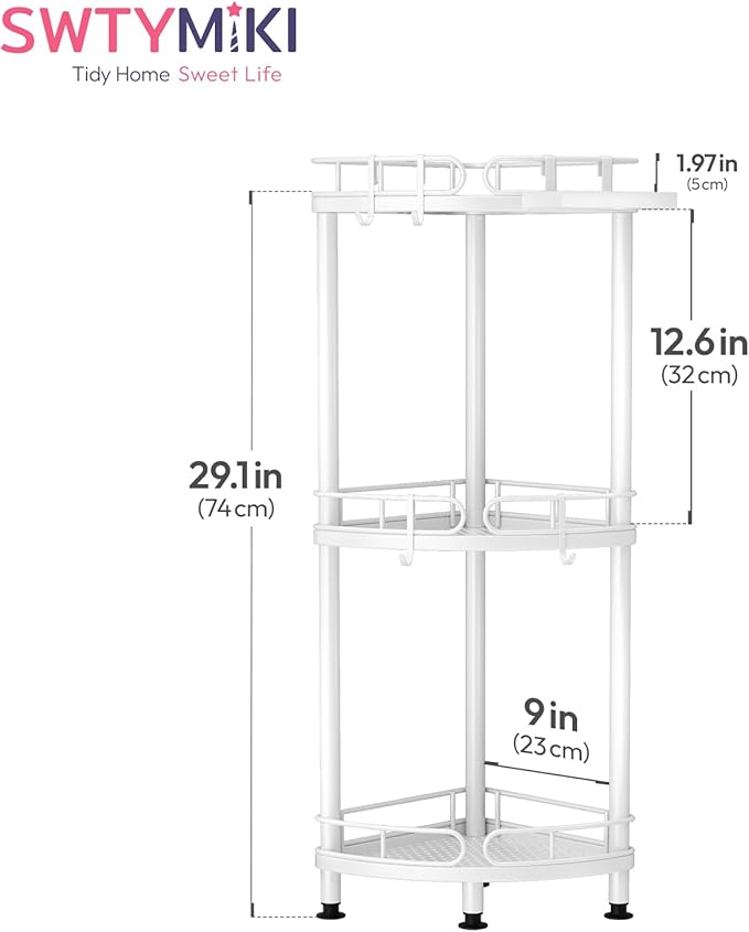 SWTYMIKI Corner Shower Caddy Standing - 3 Tier Stainless Steel Shower Organizer Stand with 4 Hooks & Soap Holder, Rustproof Metal Standing Tall Floor Shower Shelf and Bathroom Organizer, White