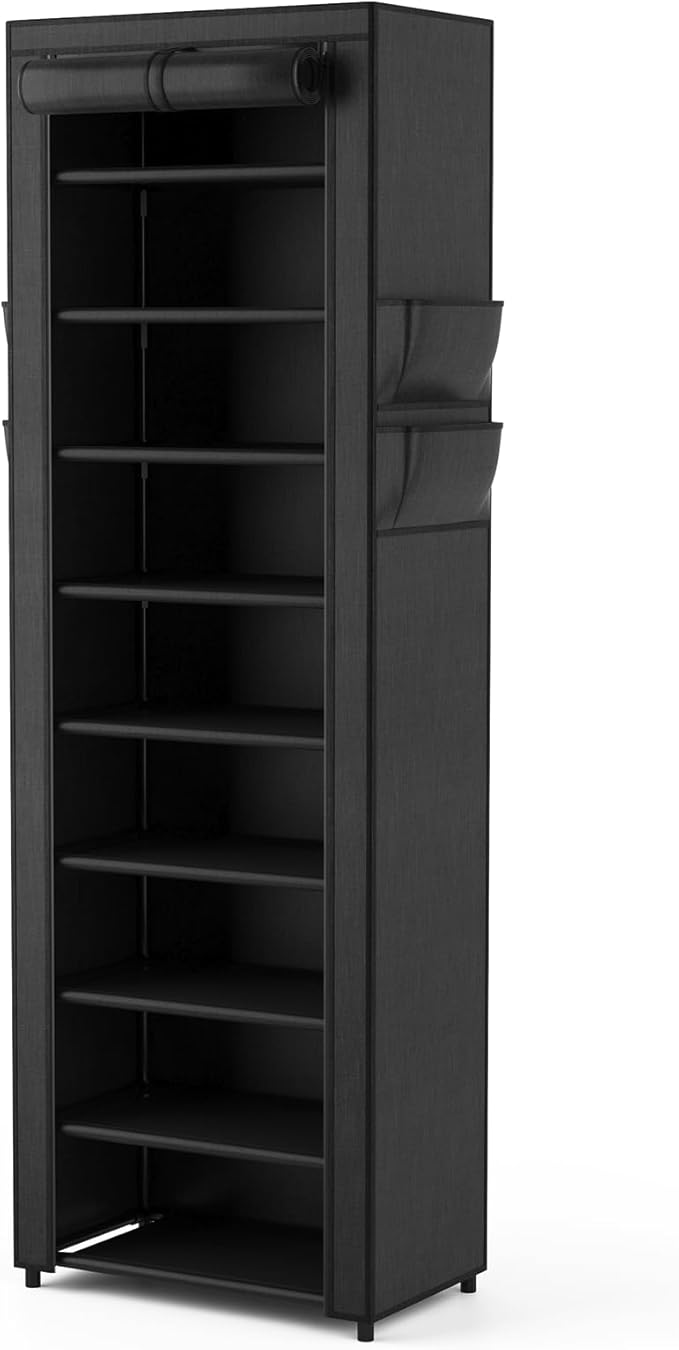 Shoe Rack with Cover Narrow Shoe Organizer with 4 Side Pockets 10 Tier Tall Shoe Storage Holds 18-22 Pairs Shoes and Boots Shoe Rack for Closet Entryway Garage