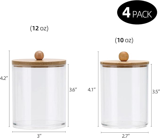 Tbestmax 4 Pack Qtip Holder Dispenser Cotton Ball, Cotton Swab, Floss - 12oz, 10 oz Clear Plastic Apothecary Jars for Bathroom Organizer and Storage Containers (Bamboo Lids)