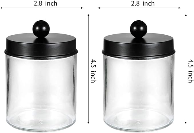Amolliar Apothecary Jars Bathroom Storage Organizer - Cute Qtip Dispenser Holder Vanity Canister Jar Glass with Lid for Cotton Swabs,Rounds,Bath Salts,Makeup Sponges,Hair Accessories/Black(2 Pack)