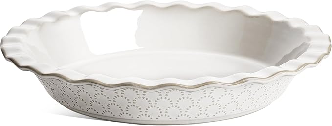 LE TAUCI Pie Pans for Baking 9 Inch, Ceramic Pie Plate for Apple Pie, Round Baking Dish Oven Safe, Embossment Housewarming Wedding Present - 36 OZ, Set of 2, Fireworks + Honey Comb, Arctic White