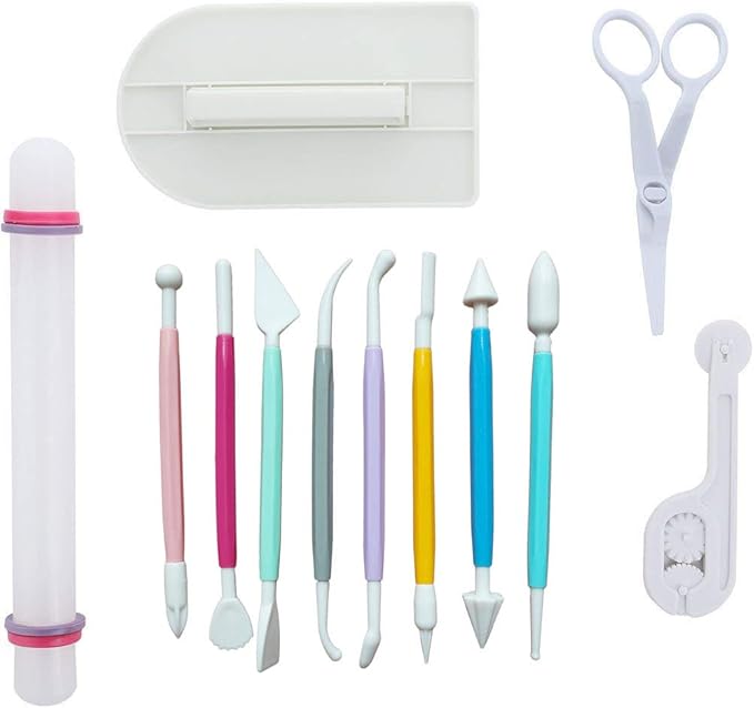 ScivoKaval Marshmallow Fondant Cake Decorating Hand Tool 12 Pcs 5 Sets Sugarcraft Gumpaste Icing Smoother Rolling Pin Trimmer Cutter Embosser Flower Scissor Modelling Accessories Supplies Kit Red