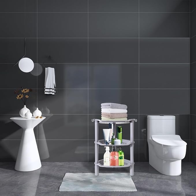 3 Tier Shower Caddy Corner,Plastic Shower Shelf Organizer for Inside Bathroom, Bathtub, Shower Pan, 13.5 x 10 x 26 Inches,Grey(Round Slot Grey 3 Tier)