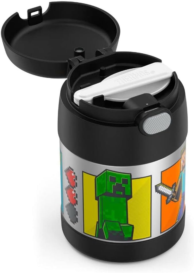 THERMOS FUNTAINER Insulated Food Jar – 10 Ounce – Kid Friendly Food Jar with Foldable Spoon, Minecraft