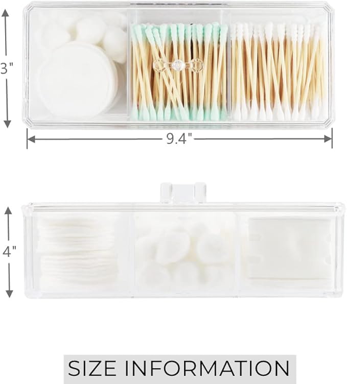 UTTH-DTTK Clear Cotton Ball and Swab Holder 3 Divided Compartments with Lid, , Waterproof Bathroom Organizers Small Plastic Storage Containers, Vanity Makeup Organization (A)