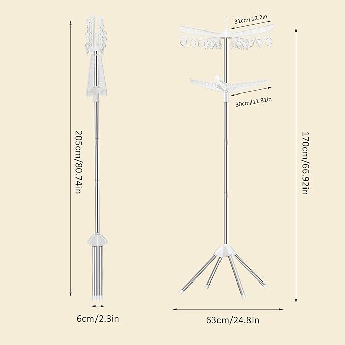 SUYU Clothes Drying Rack,Folding Clothes Drying Tree, 2 Layer with 24 Clips and 3 Rotatable Arms,66.9-Inch Indoor Clothes Rack,Stainless Steel,4 Legs,White and Silver SNJ102
