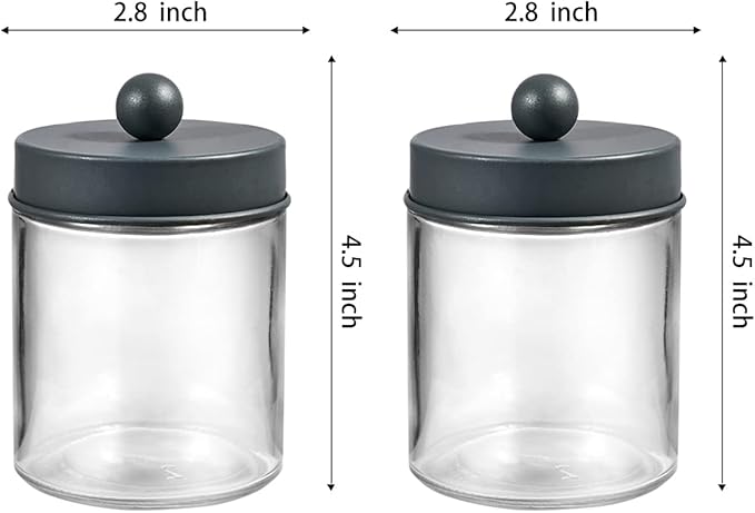 Amolliar Apothecary Jars Bathroom Storage Organizer - Cute Qtip Dispenser Holder Vanity Canister Jar Glass with Lid for Cotton Swabs,Rounds,Bath Salts,Makeup Sponges,Hair Accessories/Grey(2 Pack)