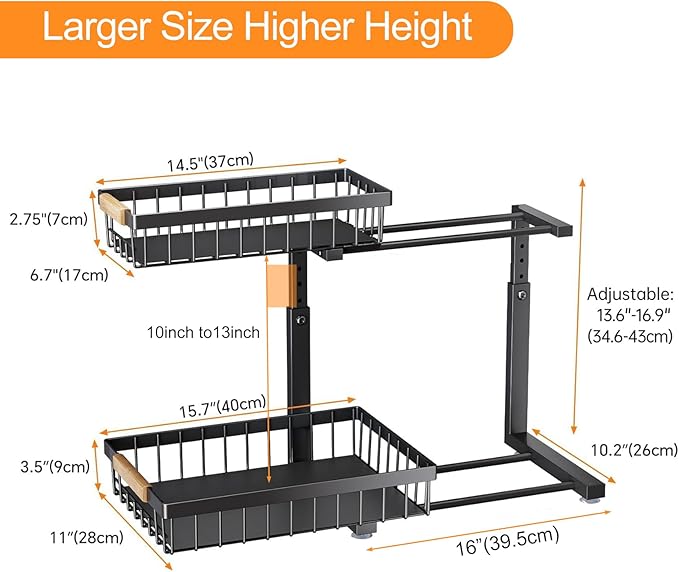 PXRACK Under Sink Organizer, Adjustable Height, 2-Pack 2 Tier Pull Out Under Cabinet Organizer, Slide Out Thickened Metal Under Sink Storage for Kitchen Bathroom Laundry Pantry Cabinet, L, Black