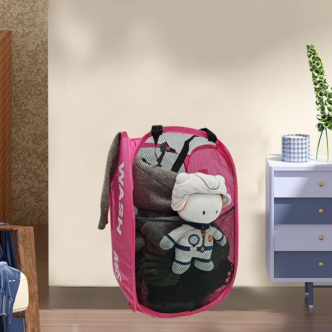 2 Pack Mesh Pop Up Laundry Hamper Collapsible Laundry Basket Pink Dirty Clothes Basket for Laundry Room, College Dorm, Bedroom, Travel