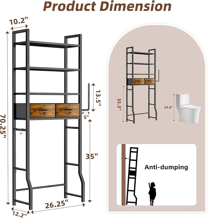 Simple Trending 4 Tier Over The Toilet Storage with Drawers, Heavy Duty Bathroom Stand Organizer Metal Shelves for Laundry, Black