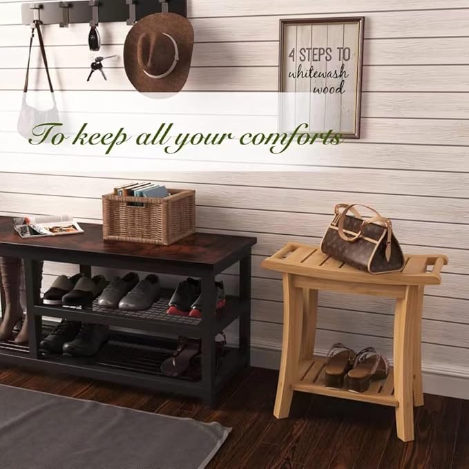 Bamboo Shower Bench with Storage Shelf, Wooden Spa Bath Deluxe Organizer Shower Stool for Inside Shower, Bathroom Bench Seat for Adults Elderly Seniors for Indoor or Outdoor Use