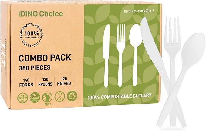 IDING Choice 100% Compostable 200 Count No Plastic Spoons, Plastic Utensils, The Heavyweight Heavy Duty Flatware is Eco-Friendly Products for Lounge Party Wedding Office BBQ Picnic Camping.