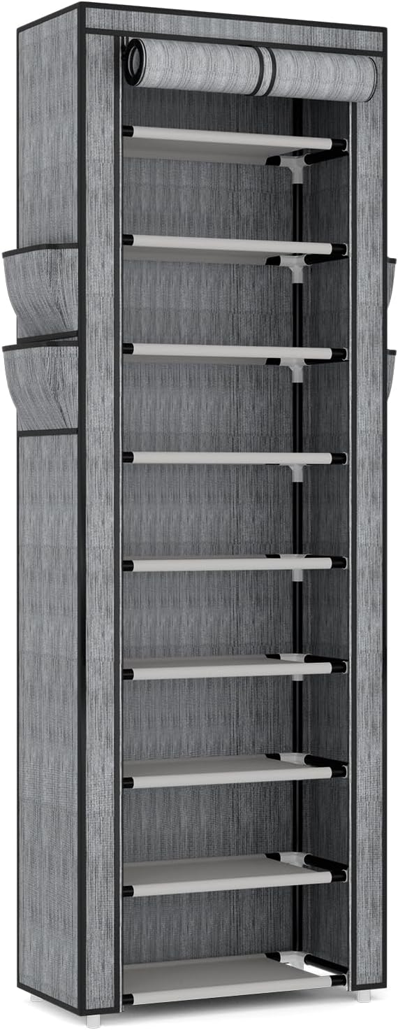 Shoe Rack with Cover Narrow Shoe Rack Organizer with 4 Side Pockets 10 Tier Tall Shoe Storage Shoe Shelf Holds 18-22 Pairs Shoes and Boots Shoe Rack for Closet, Printing