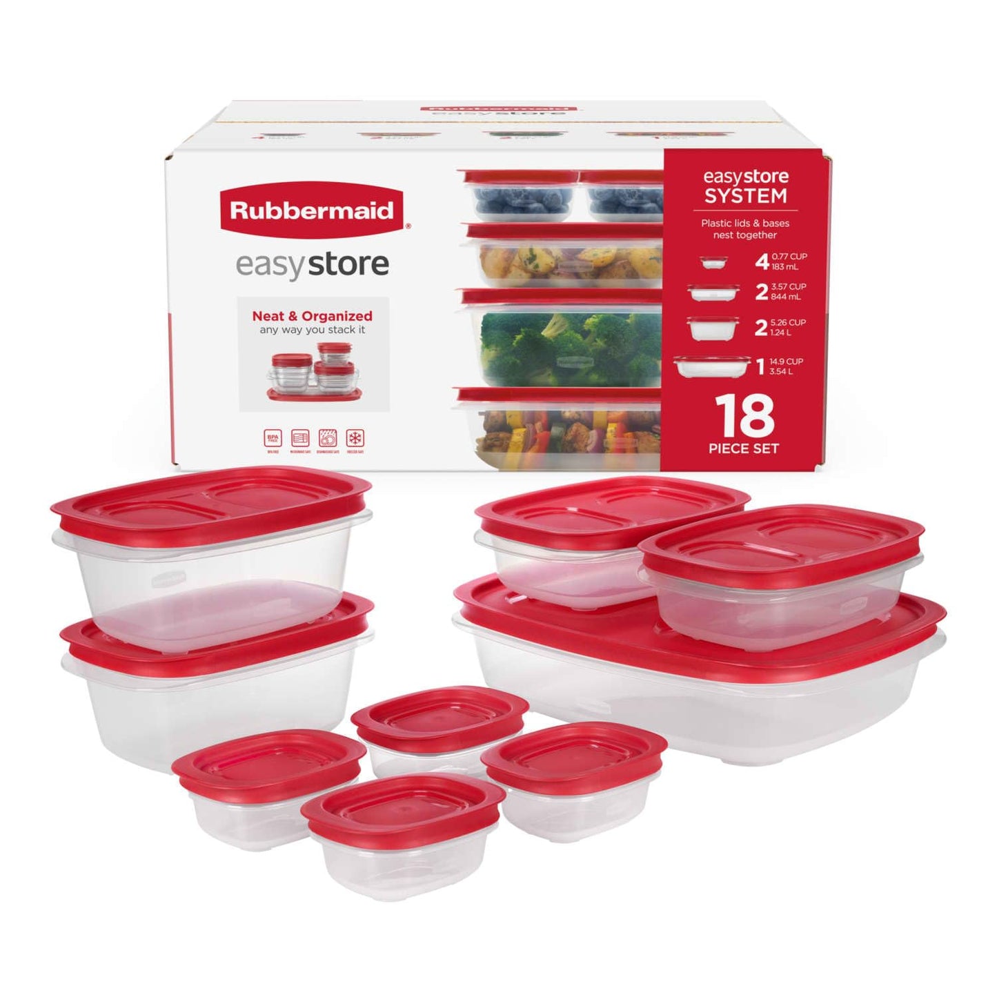 Rubbermaid EasyStore Rectangle, Square, and Round Containers, 34-Piece Set, Food Storage Containers, Food Storage Containers with Lids