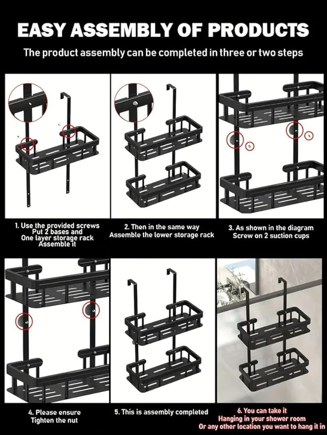 Over Door Shower Caddy, Black Rustproof Bathroom Organizer, 2-Tier Storage Rack, 11.81x5.31 Inch Shelves, No Drilling Required