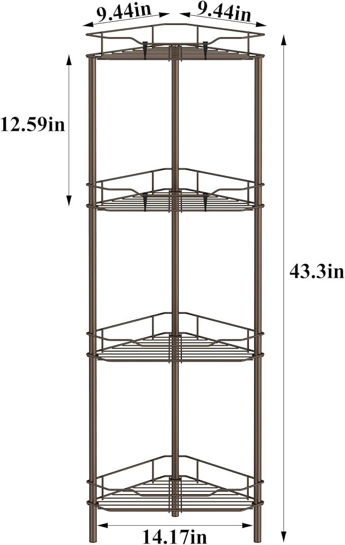 4 Tier Floor Standing Corner Shower Caddy Organizer Shelf with Hooks, Bathroom Shelves Stand Rack, Bronze