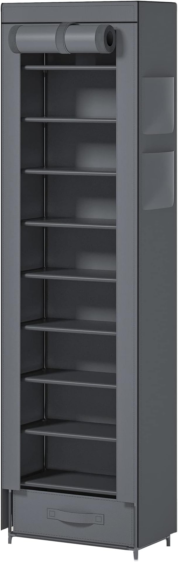 OYREL Shoes Rack 10 Tier Tall Narrow Shoe Rack with Bin Covered Shoe Shelf Storage Organizer Closet Stackable Shoe Stand