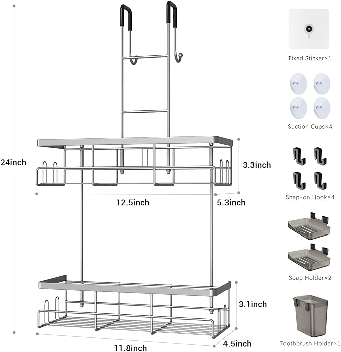 Hanging Shower Caddy Over Door: Silver Rustproof Shower Organizer over the Door - No Drilling Bathroom Rack for Inside Shower