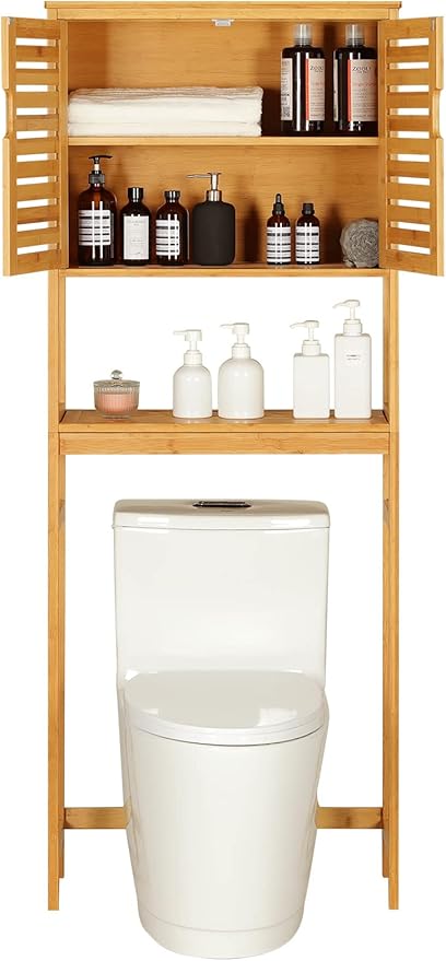 VIAGDO Over The Toilet Storage Cabinet, Tall Bathroom Cabinet Organizer with Cupboard and Adjustable Shelves, Freestanding Toilet Shelf Space Saver Rack Stand for Laundry Room, Balcony, Bamboo