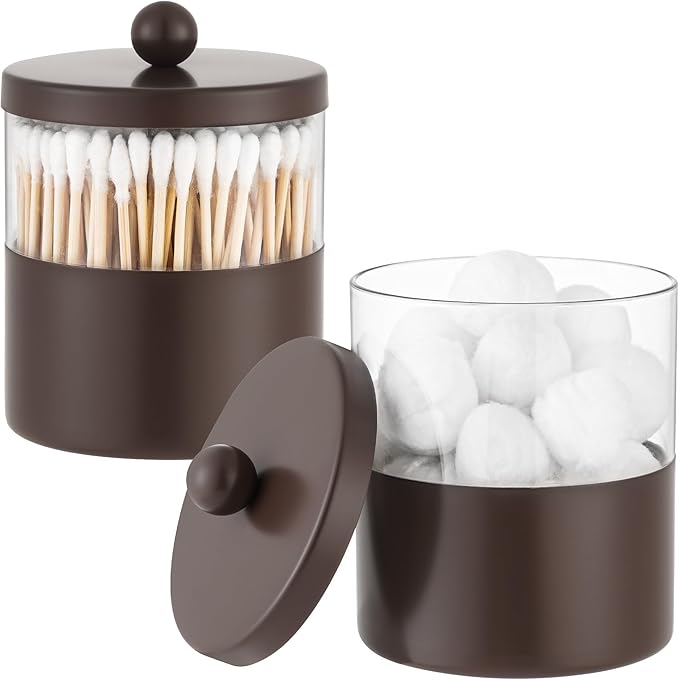 Gaussra Chocolate Brown Qtip Holder, Bathroom Jar - Stainless Steel Apothecary Jars with Stickers - Farmhouse Decor Qtip Dispenser for Qtips, Cotton Balls, Swabs, Makeup Sponges (2-Pack)