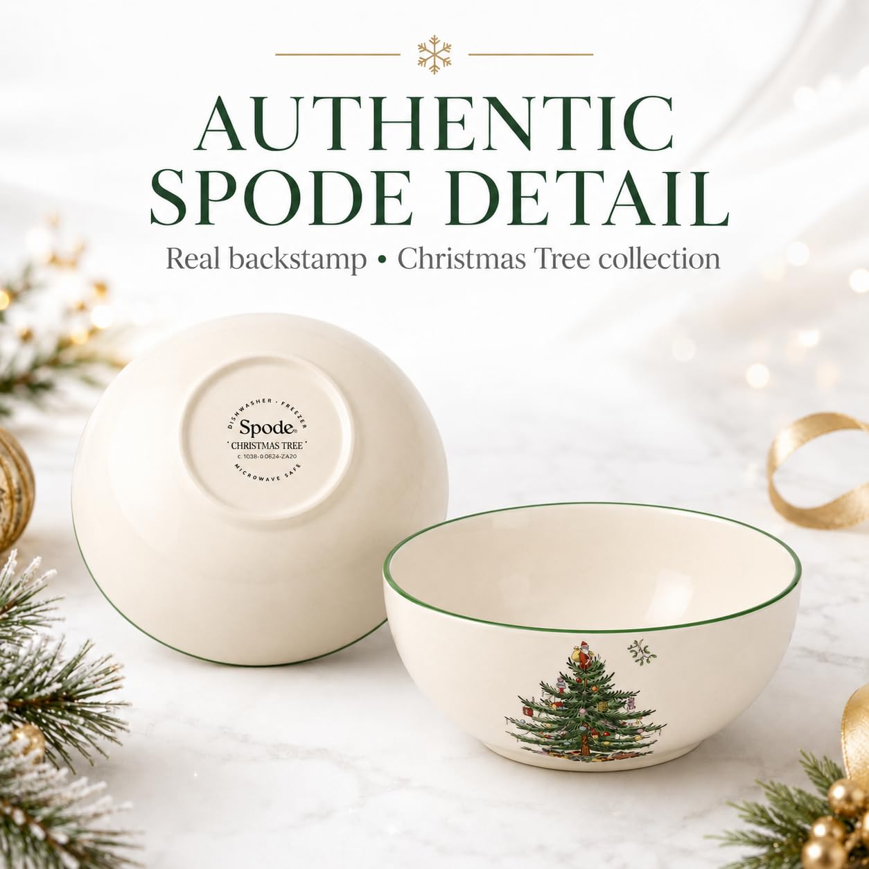 Spode Christmas Tree Large Round 10 Inch Bowl - Porcelain Serving Dish for Salad, Pasta, and Side Dishes - Iconic Holiday Design with Green Trim, Dishwasher, Microwave Safe - Festive Gatherings