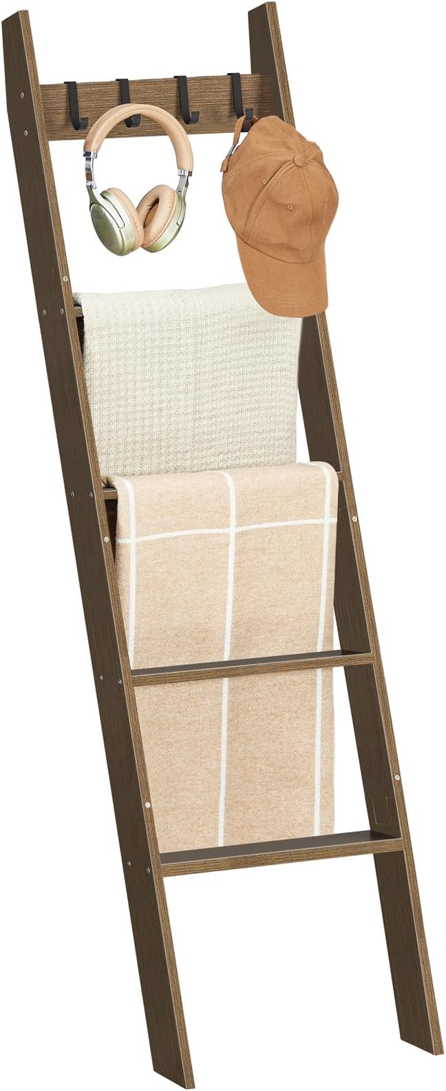 HOOBRO Blanket Ladder for Living Room and Bedroom, 5-Tier Wall Leaning Towel Rack for Bathroom, Decorative Ladder Shelf with 4 Removable Hooks, Farmhouse Blanket Storage, Mocha MA51CJ01G1