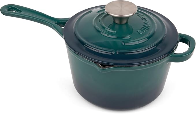 Larder & Vine Enameled Cast Iron Saucepan | 2.2 qt Sauce Pan with Lid | Saucepan with Pour Spouts | Enameled Cast Iron Pot Compatible on All Cooktops & Oven Safe to 500° F | Cabernet