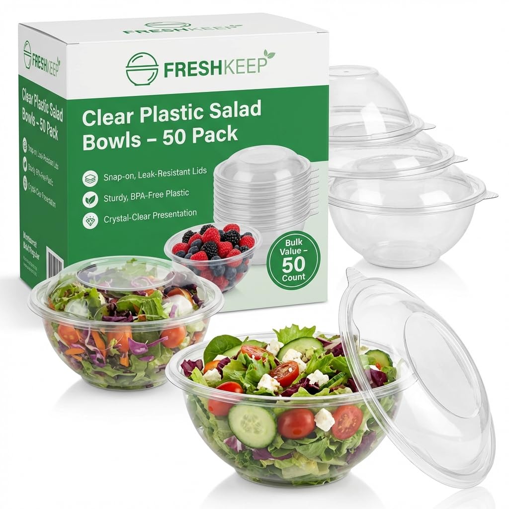 Mr Miracle Clear 18 Ounce Plastic Salad Bowls with Snap-On Lids. Pack 50. Airtight Disposable Salad Containers for Lunch, Meal Prep, Parties. Ideal as Disposable Salad Bowls with Lids