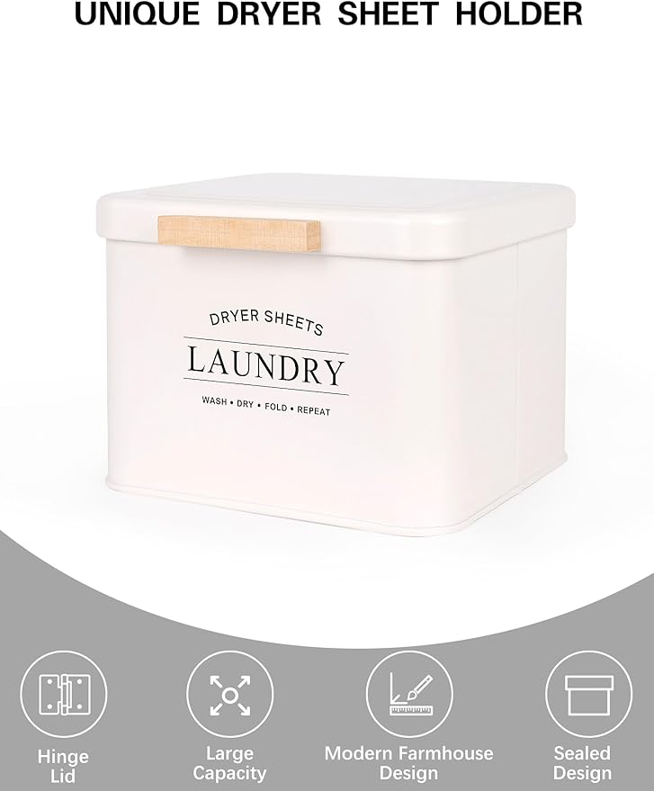 Dryer Sheet Holder with Hinged Lid for Laundry Room Organization, Metal Farmhouse Dryer Sheet Container, Laundry Room Decor and Accessories (Cream)