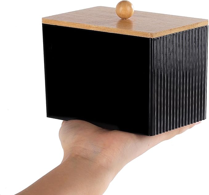 Ohlove Qtip Holder with Bamboo Lids, 3 Compartments Cotton Ball/Swabs Dispenser, Apothecary Jar Plastic Container for Storage and Organizer (Black)