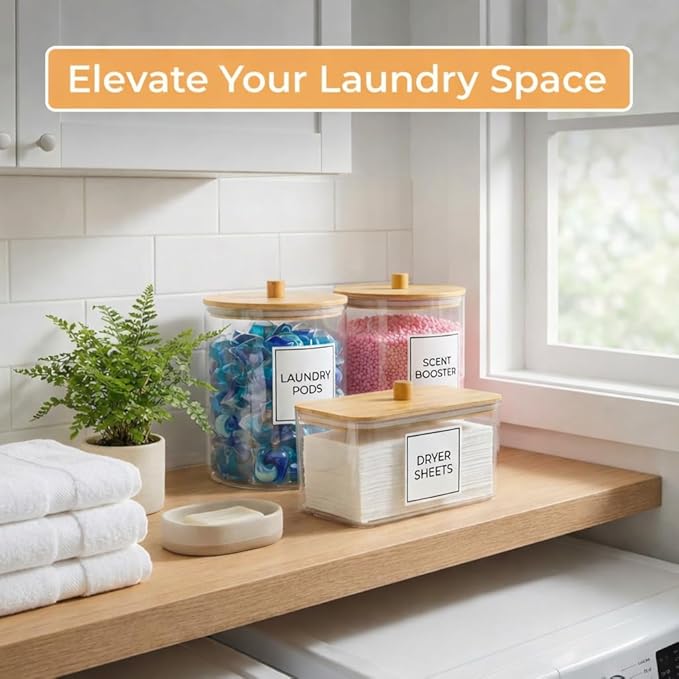 Laundry Pods Containers for Organizing Dryer Sheet Holder & Laundry Jars with Lids, Labels & Scoops - Acrylic Laundry Storage Containers for Powder, Pods, Detergent, Scent Booster