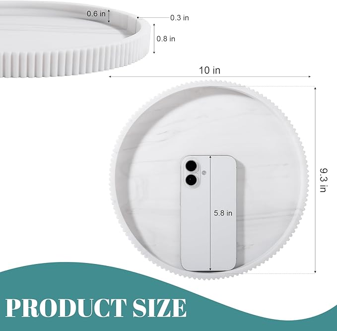 Silicone Bathroom Tray Round Kitchen Counter Organizer Decorative Vanity Accessories Coffee Table Decor for Perfume, Candle, Soap Dish, 10 Inch, Marble