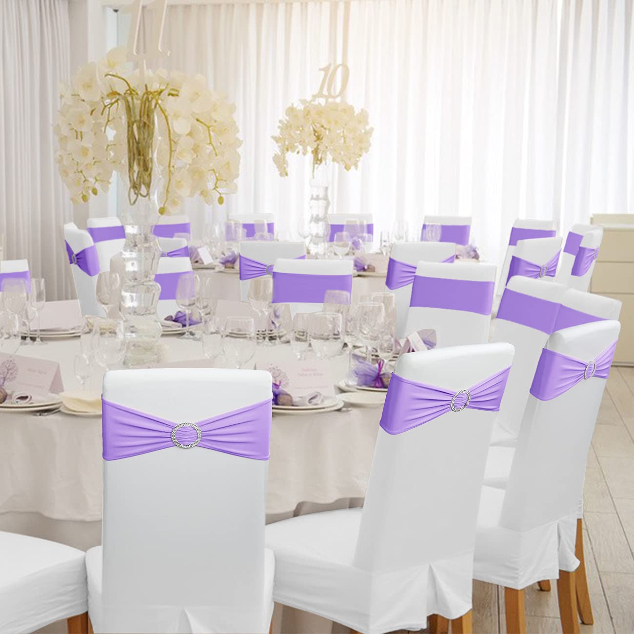 Babenest Spandex Chair Sashes Bows 100PCS Premium Stretch Chair Cover Band with Buckle Slider Universal Elastic Chair Ties for Wedding Party Ceremony Reception Banquet Decoration (Purple)