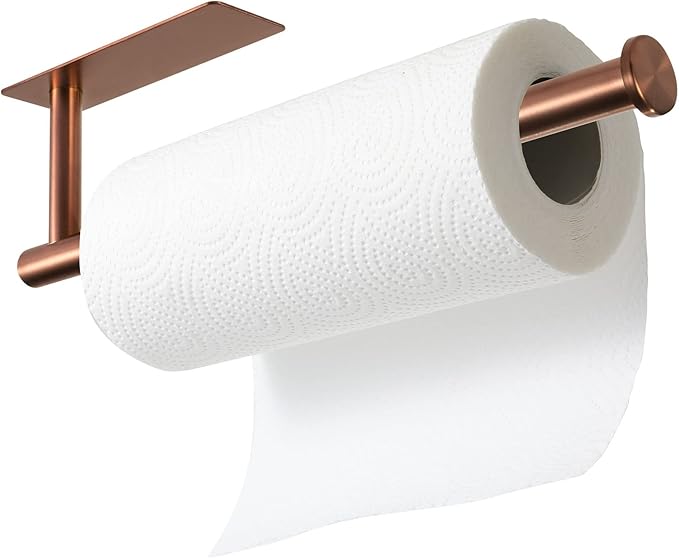theaoo Rose Gold Paper Towel Holder - Under Cabinet Paper Towel Holder for Kitchen, Adhesive Paper Towel Roll Rack for Bathroom Towel, Wall Mounted Paper Towel Rack, SUS304 Stainless Steel