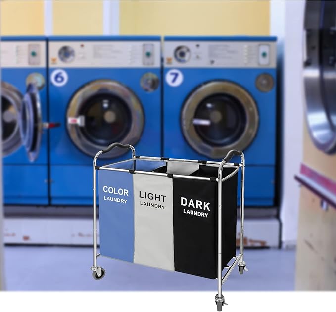 Laundry Basket, Large Laundry Hamper with Wheels, 3 Section Laundry Bag Organizer for Dirty Clothes; Dorm Room Essentials, Towel & Toys Storage Laundry Cart in Laundry Room Organization -BLUE