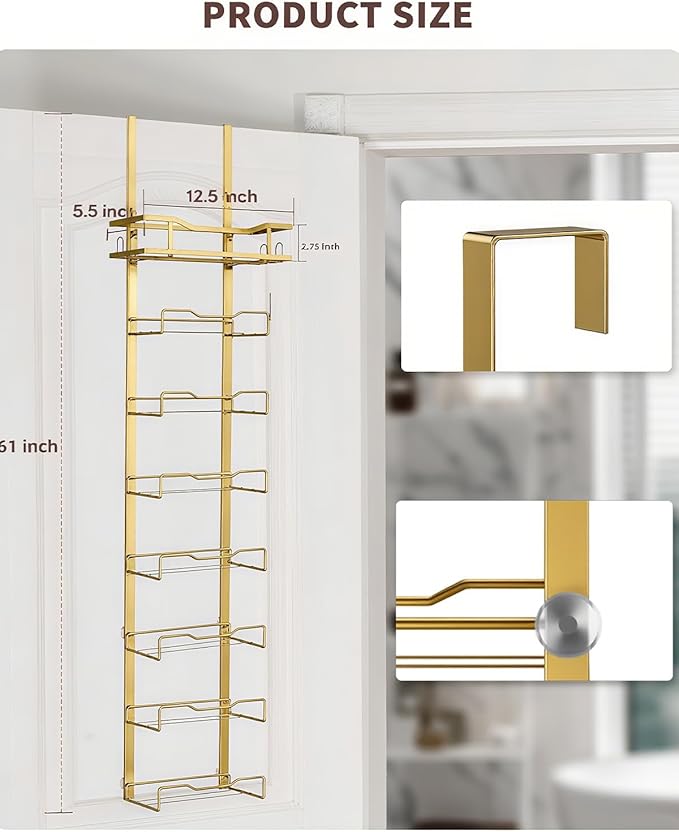 Hanging Towel Racks for Bathroom No Drill - Over The Door 8-Tier Bath Towel Storage Organizer for Small Bathrooms - Back Door Large Tiered Towel Holder Hanger for Rolled Towels RV Camper Gold